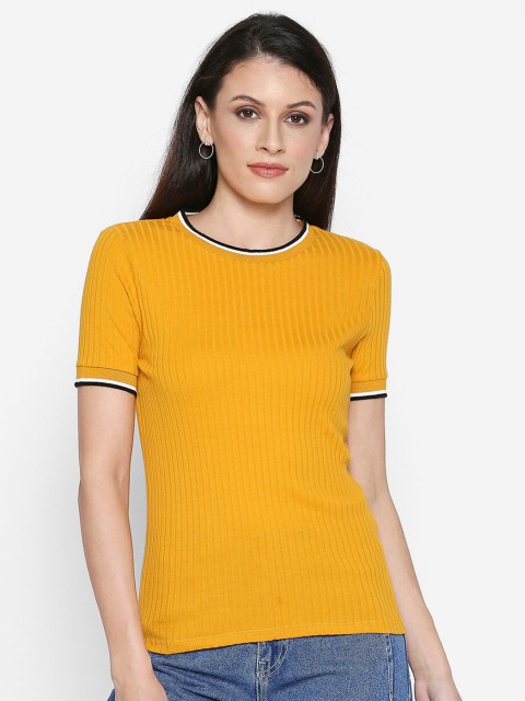

People Women Yellow Stripped Regular Knitted Top