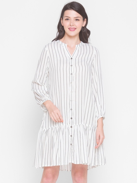 

TERQUOIS White & Grey Striped Layered Ruffles Shirt Dress