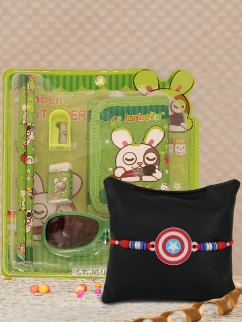 

TIED RIBBONS Kids Red & Blue Captain America Rakhi with Stationery Kit Combo
