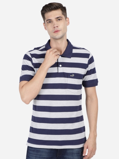 

Crocodile Men Navy Blue & Grey Striped Polo Collar Pockets Slim Fit T-shirt