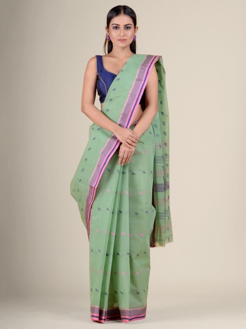 

Charukriti Green & Pink Ethnic Motifs Woven Design Handloom Pure Cotton Taant Saree