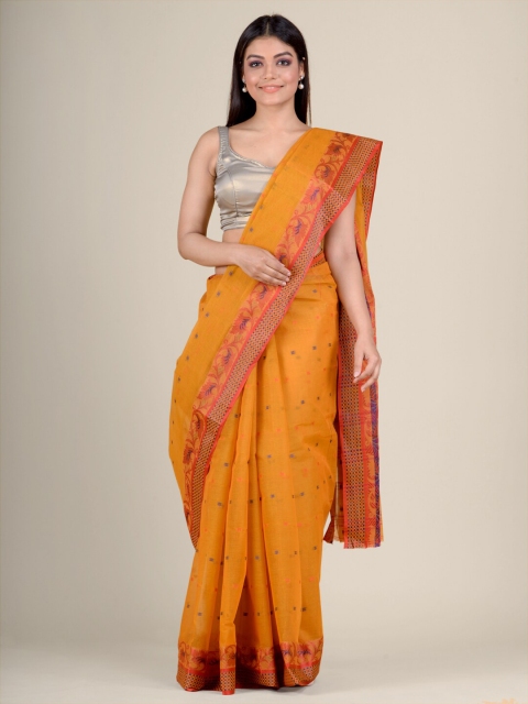 

Charukriti Mustard Yellow & Blue Ethnic Motifs Woven Design Handloom Cotton Taant Saree