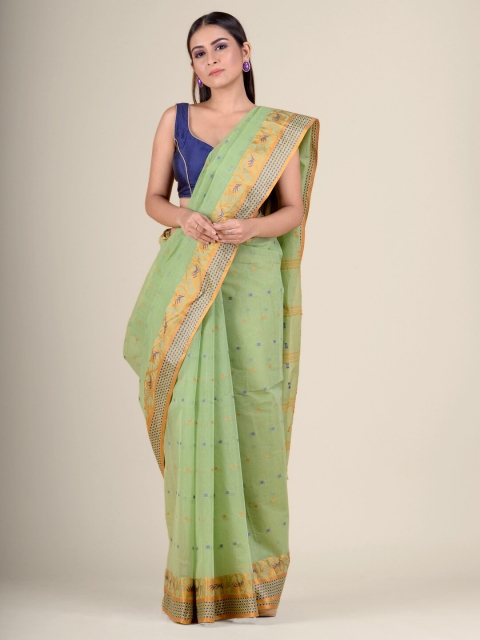 

Charukriti Green & Blue Ethnic Motifs Woven Design Handloom Pure Cotton Taant Saree