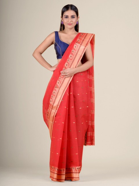 

Charukriti Red & Beige Ethnic Motifs Woven Design Handloom Pure Cotton Taant Saree