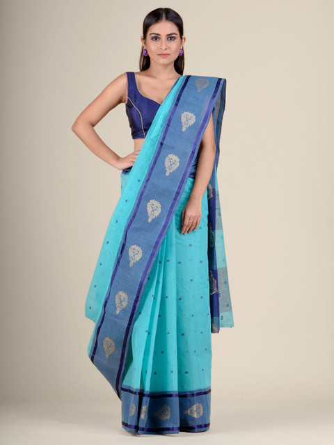 

Charukriti Turquoise Blue & Blue Motifs Woven Design Handloom Pure Cotton Taant Saree