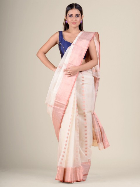 

Charukriti White & Pink Ethnic Motifs Woven Design Handloom Pure Cotton Taant Saree