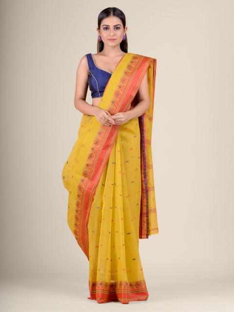 

Charukriti Mustard Yellow & Red Ethnic Motifs Pure Cotton Handloom Taant Saree