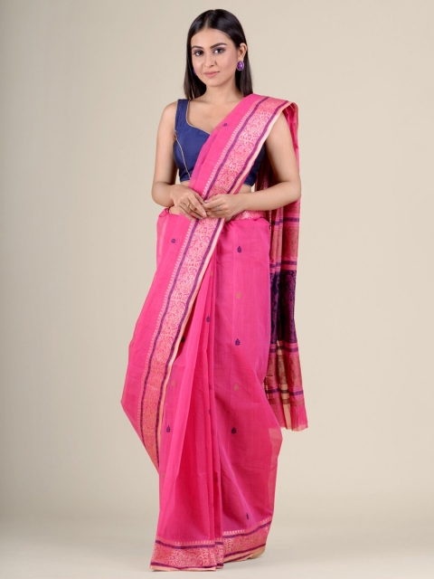 

Charukriti Pink & Blue Ethnic Motifs Pure Cotton Handloom Taant Saree