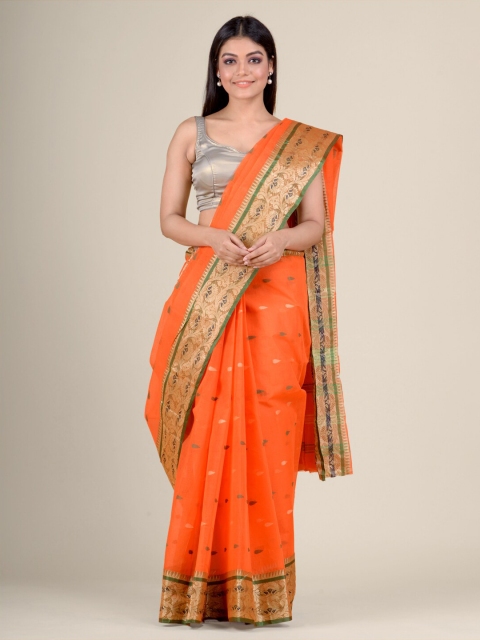 

Charukriti Orange & Gold-Toned Ethnic Motifs Pure Cotton Handloom Taant Saree