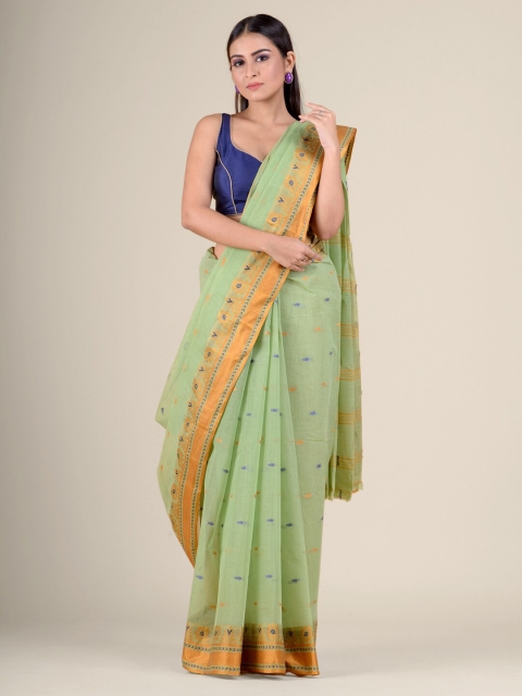 

Charukriti Sea Green & Orange Floral Pure Cotton Handloom Taant Saree