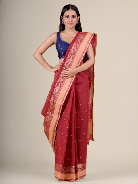 

Charukriti Red & Gold-Toned Woven Design Pure Cotton Handloom Taant Saree