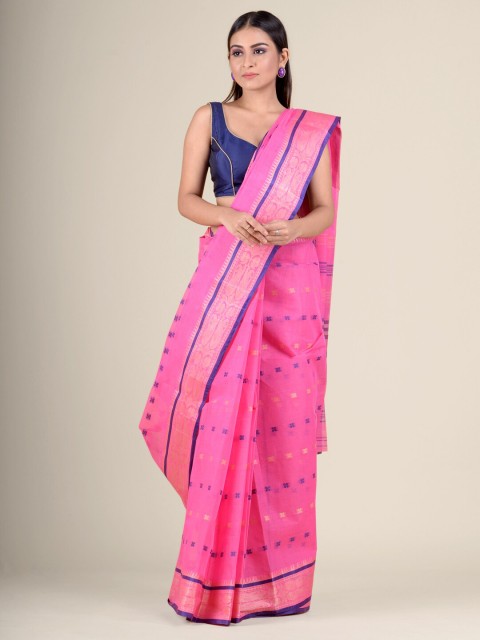 

Charukriti Pink & Blue Floral Pure Cotton Handloom Taant Saree