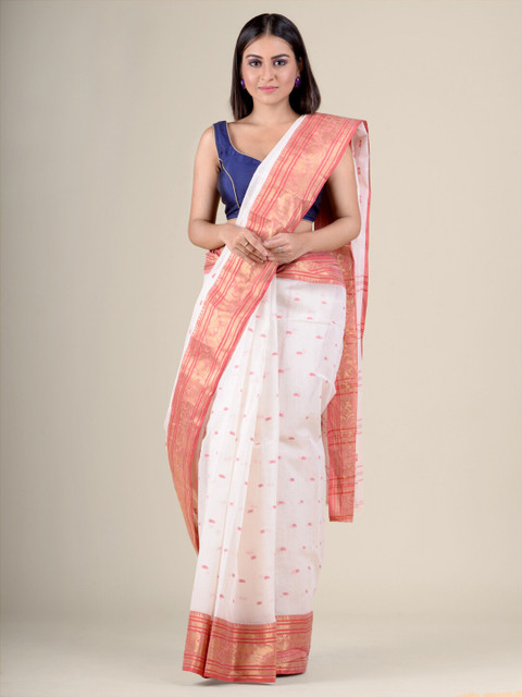 

Charukriti White & Red Zari Pure Cotton Taant Saree