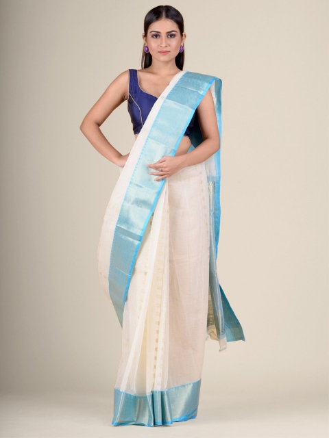 

Charukriti White & Turquoise Blue Woven Design Pure Cotton Taant Saree