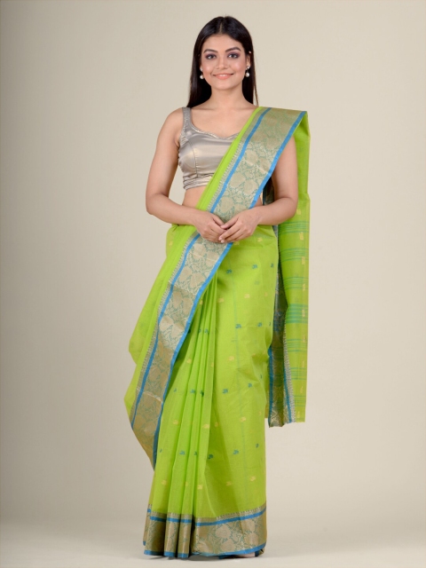 

Charukriti Green & Gold-Toned Woven Design Pure Cotton Taant Saree
