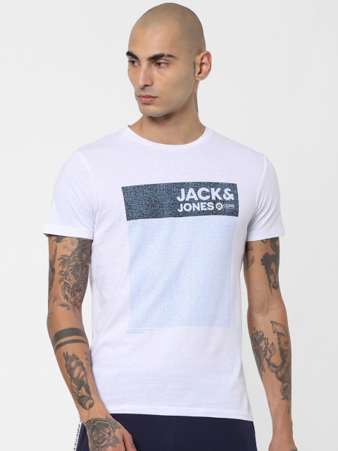

Jack & Jones Men White & Blue Typography Printed Slim Fit T-shirt