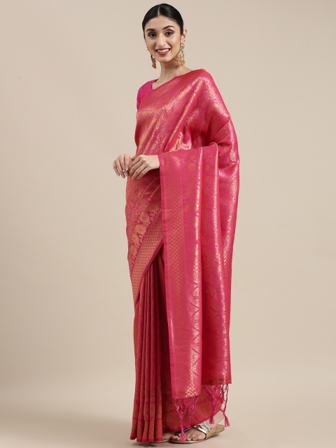 

NAKKASHI Pink & Gold-Toned Ethnic Motifs Beads and Stones Brocade Kanjeevaram Saree