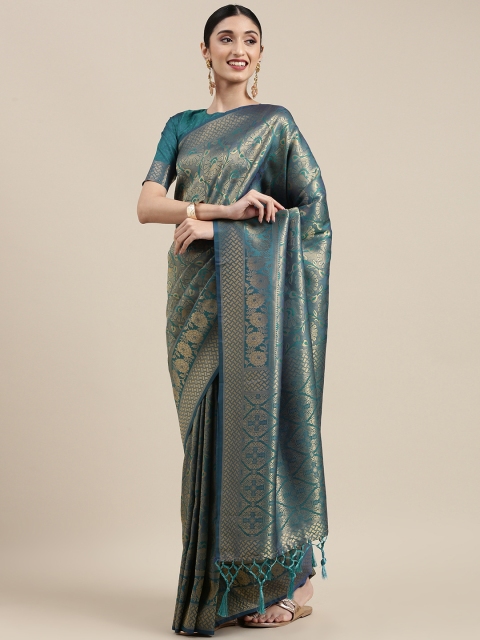 

NAKKASHI Teal Blue Ethnic Motifs Brocade Kanjeevaram Saree