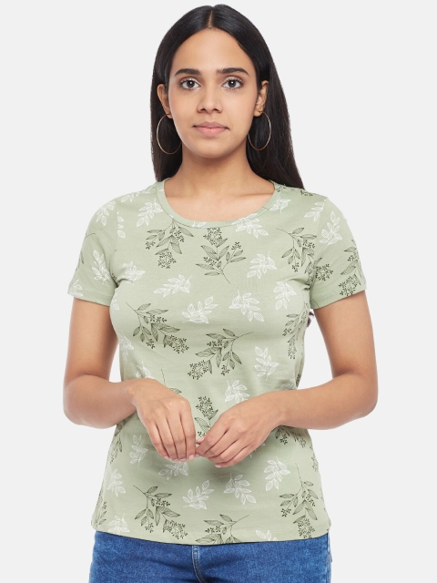 

Honey by Pantaloons Women Olive Green Floral Printed Pure Cotton T-shirt