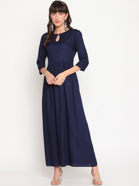 

The Vanca Women Navy Blue Keyhole Neck Maxi Dress