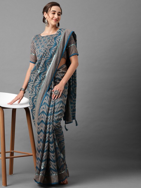 

Mitera Blue & Beige Mirror Work Brasso Saree