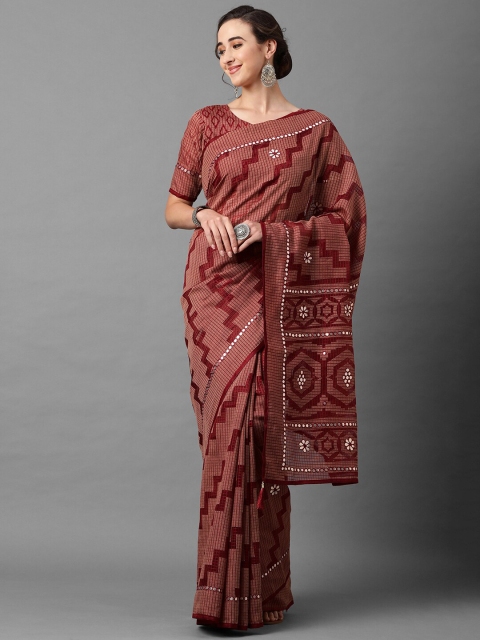 

Mitera Maroon Mirror Work Brasso Saree