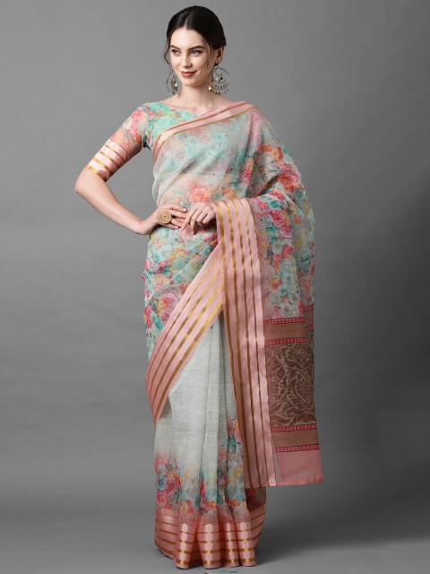 

Mitera Grey & Peach-Coloured Floral Zari Organza Saree
