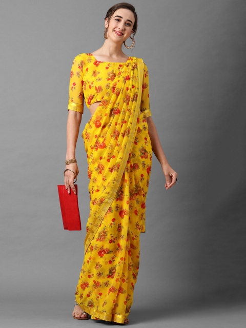 

Mitera Yellow & Red Floral Poly Georgette Saree