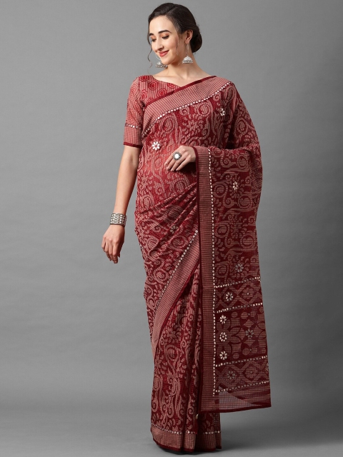

Mitera Maroon Ethnic Motifs Mirror Work Brasso Saree