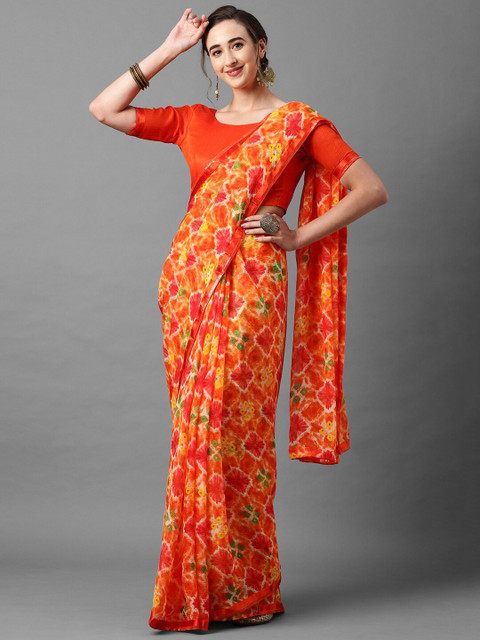 

Mitera Orange & Red Bandhani Saree