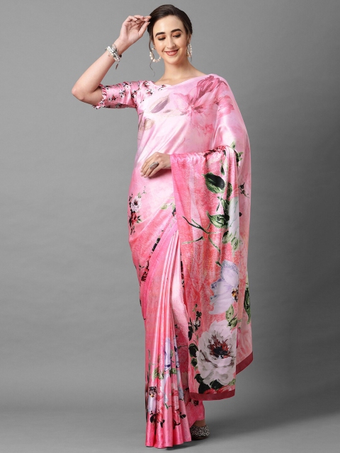 

Mitera Pink & Green Floral Satin Saree