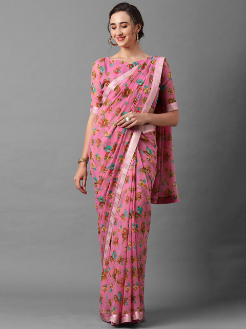

Mitera Pink & Turquoise Blue Floral Zari Saree