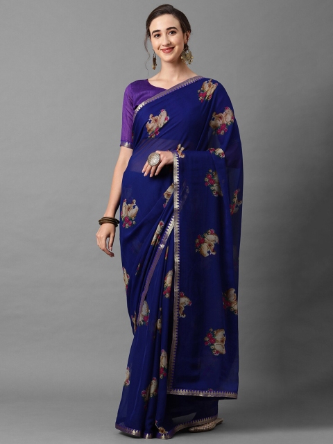 

Mitera Navy Blue & Beige Floral Zari Saree