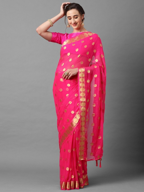 

Mitera Pink & Gold-Toned Woven Design Saree