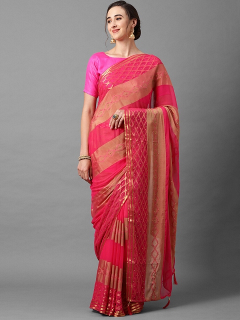 

Mitera Pink & Gold-Toned Woven Design Zari Saree