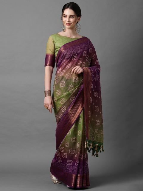 

Mitera Purple & Green Bandhani Linen Blend Bandhani Saree