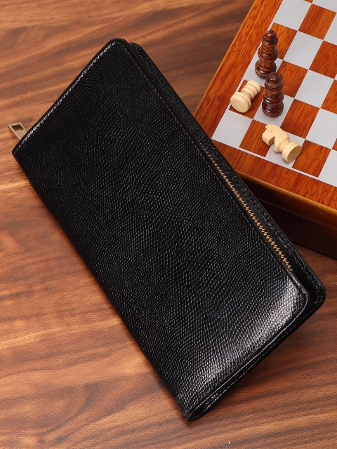 

MUTAQINOTI Unisex Black Textured Leather Zip Around Wallet