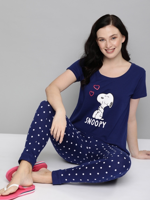 

HERE&NOW Women Navy Blue & White Printed Night suit