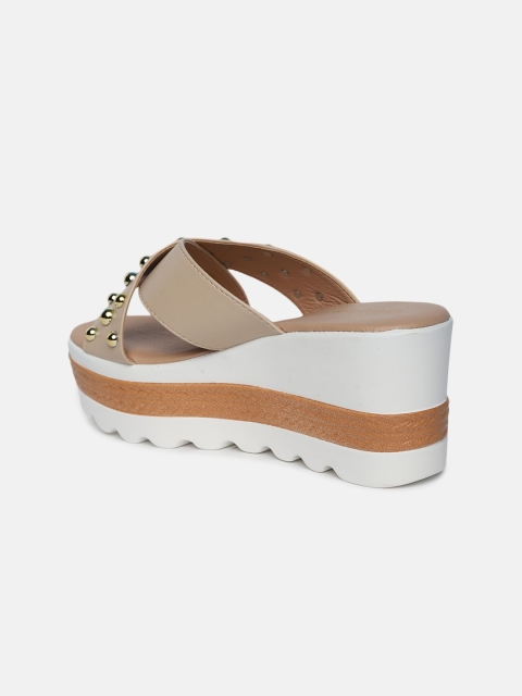 

shoexpress Beige Colourblocked Embellished Cross Strap Slide Sandals with Chunky Heels