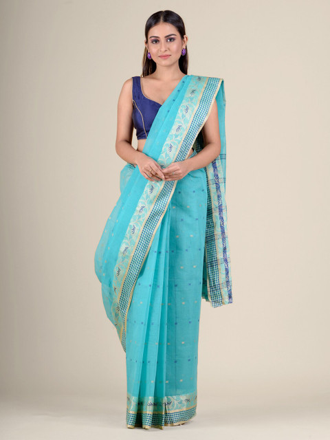 

Charukriti Blue & Beige Woven Design Pure Cotton Taant Saree