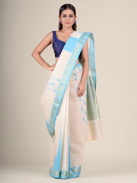 

Charukriti White & Turquoise Blue Woven Design Pure Cotton Taant Saree