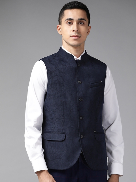 

Blackberrys Men Navy Blue Crinkled Effect Slim Fit Waistcoat