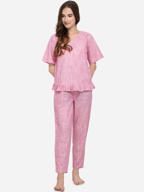 

Mesmora Women Pink Pure Cotton Self Designed Night Suit