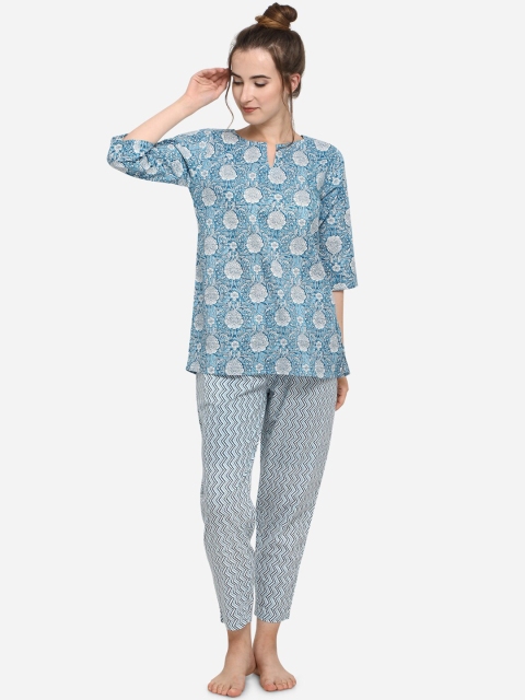 

Mesmora Women Blue Floral Printed Night Suit