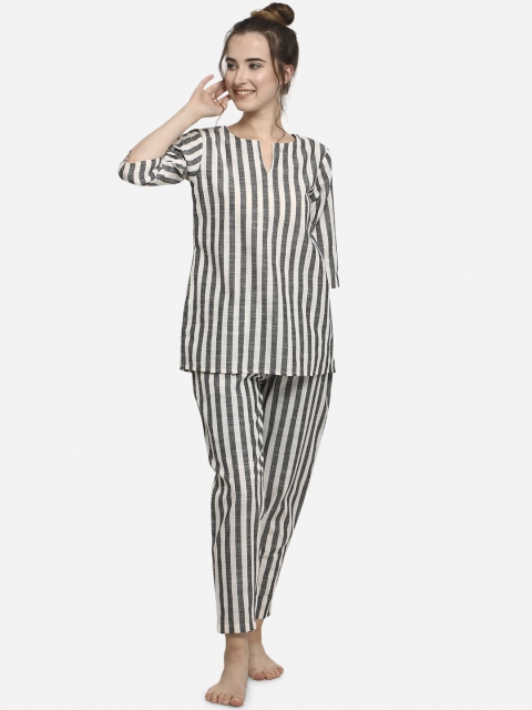 

Mesmora Women Grey & White Striped Night suit