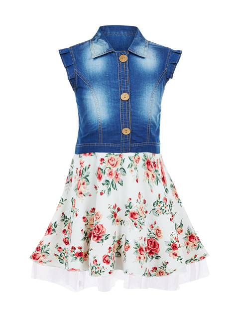 

naughty ninos Girls Blue & White Printed Denim Fit & Flare Dress
