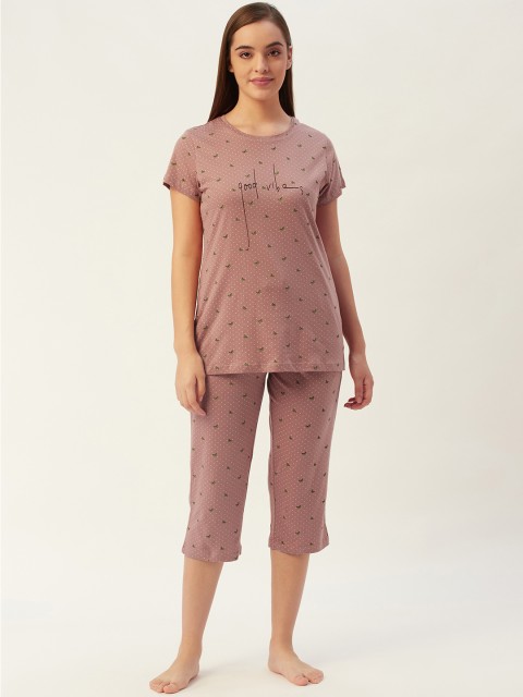 

Sweet Dreams Women Dusty Pink & Green Butterflies Print Pure Cotton Capris Set