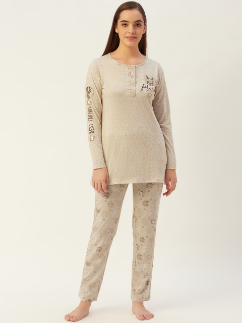

Sweet Dreams Women Beige & White Floral Print Pure Cotton Pyjamas Set