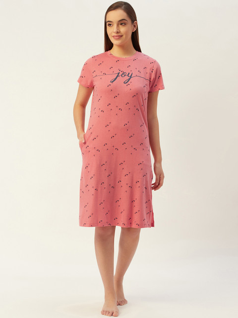 

Sweet Dreams Women Pink & Navy Blue Umbrella Print Pure Cotton T-shirt Nightdress