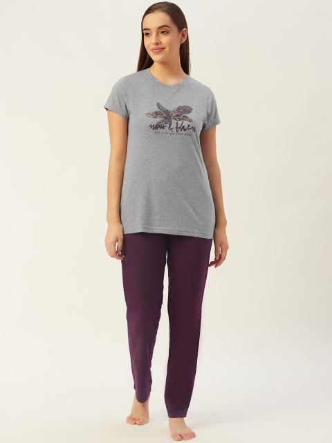 

Sweet Dreams Women Grey Melange & Purple Typography Print Pyjamas Set